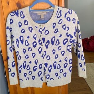 Blue and grey leopard print crew neck cardigan